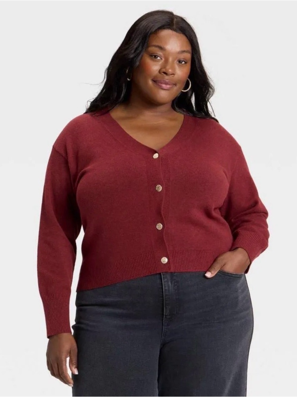 Ava & Viv V-Neck Button Cardigan Sweater - Burgundy